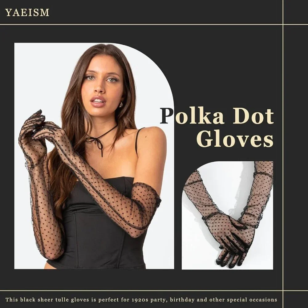 Women's Black Long Tulle Pearl Long Sleeves Gloves Bridal Party Prom Costumes